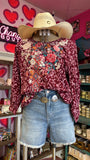 ROUND NECKLINE 3/4 SLEEVES EMBROIDERY TOP - WINE COLOR