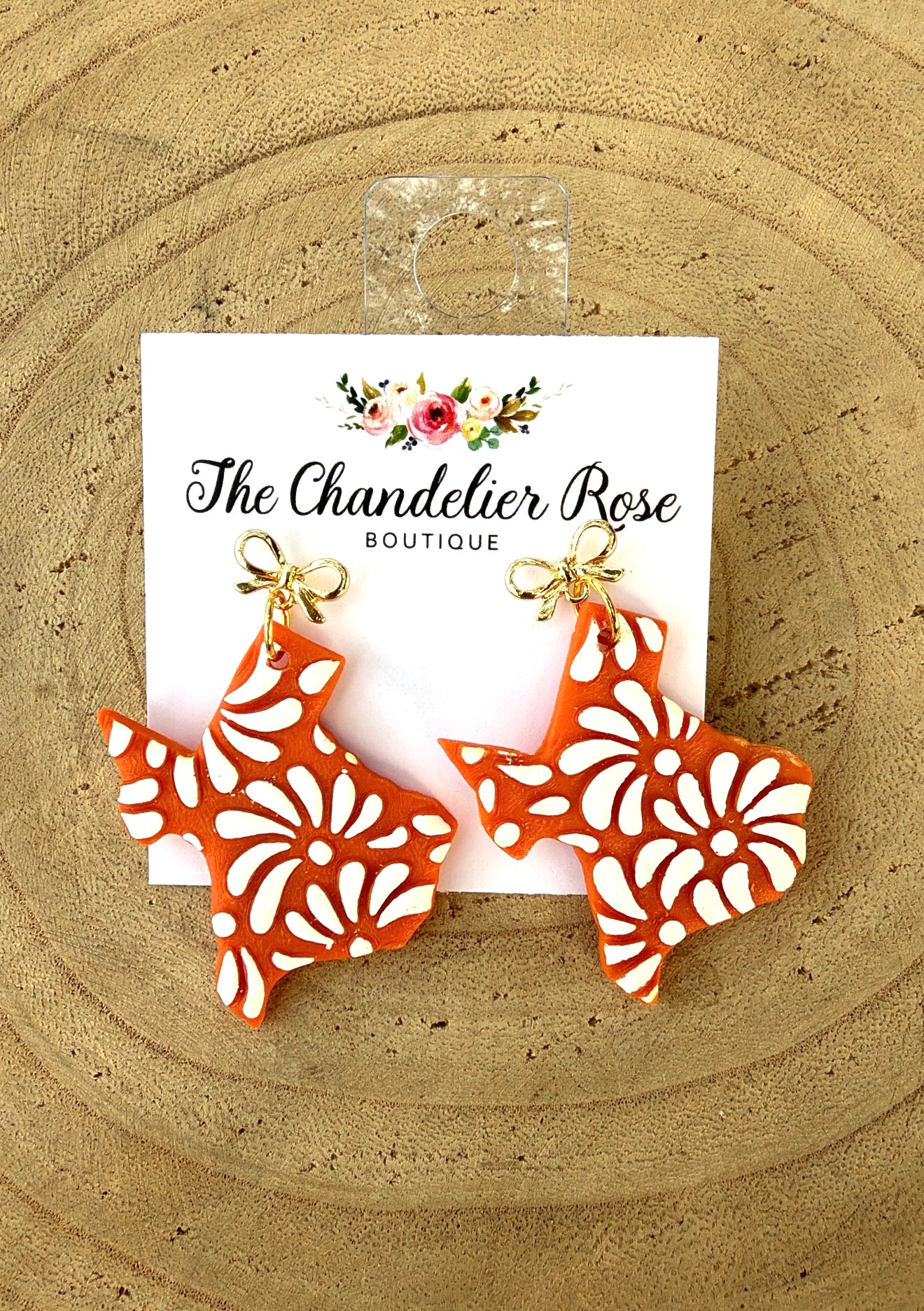 Burnt Orange Texas Floral Earrings with Gold Bow
