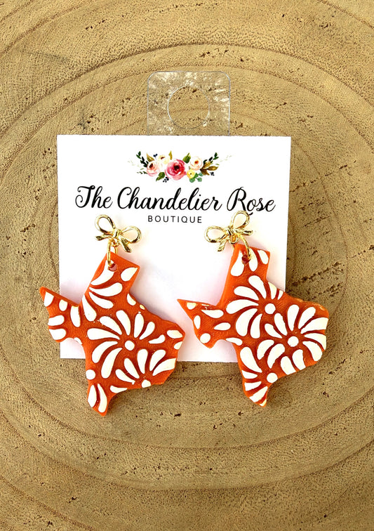Burnt Orange Texas Floral Earrings with Gold Bow