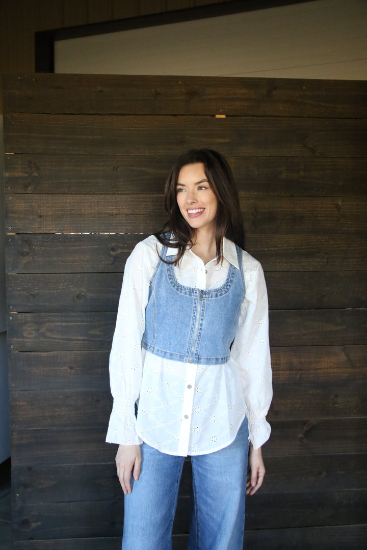 IVORY EYELET BUTTON UP BLOUSE WITH RUFFLE ACCENTS