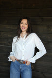 IVORY EYELET BUTTON UP BLOUSE WITH RUFFLE ACCENTS