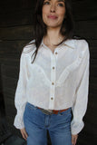 IVORY EYELET BUTTON UP BLOUSE WITH RUFFLE ACCENTS