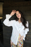 IVORY EYELET BUTTON UP BLOUSE WITH RUFFLE ACCENTS
