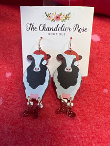 CHRISTMAS DANGLE BLACK AND WHITE COW DROP EARRINGS