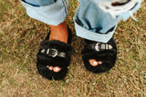 HOME BUCKLES FUZZY SLIDES - MIDNIGHT