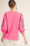 EMBROIDERY ACCENT BUTTON DOWN TOP - HOT PINK