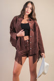 SUEDE FRINGE DETAIL WESTERN SHACKET - CHOCOLATE