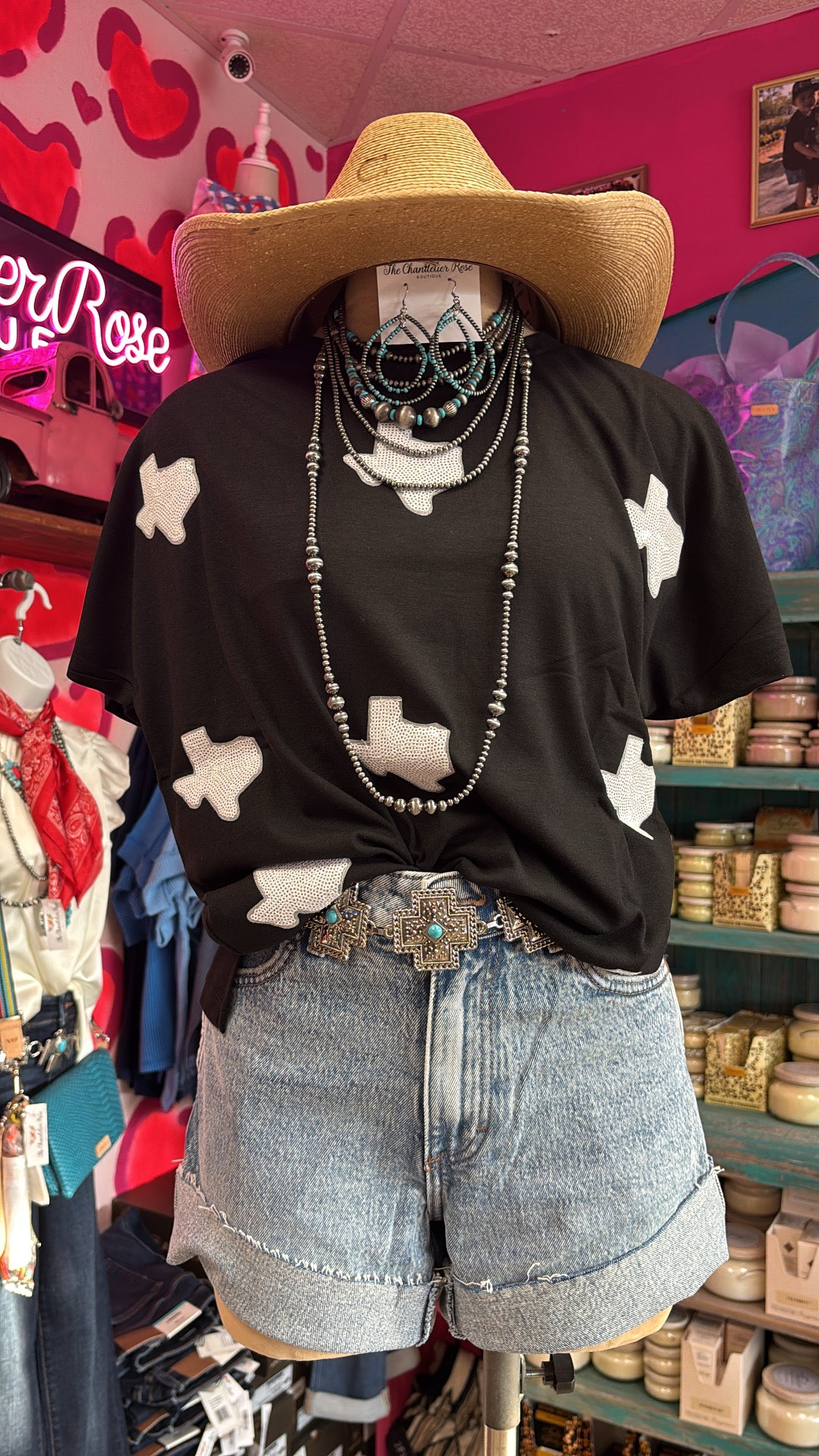 TEXAS SEQUIN PATCH HALF SLEEVE TOP