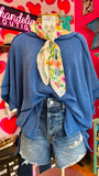 RAISED RIB CUFF SLEEVE RAW EDGE TOP - CLASSIC BLUE