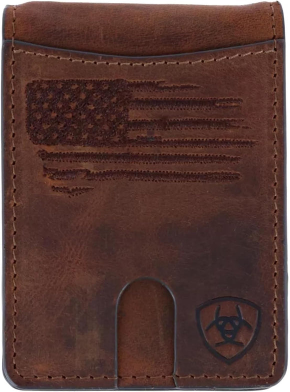 ARIAT BIFOLD MONEY CLIP USA FLAG SHIELD LOGO BROWN