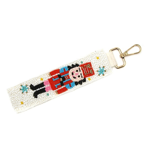 WHITE CHRISTMAS NUTCRACKER SEED BEAD KEY CHAIN