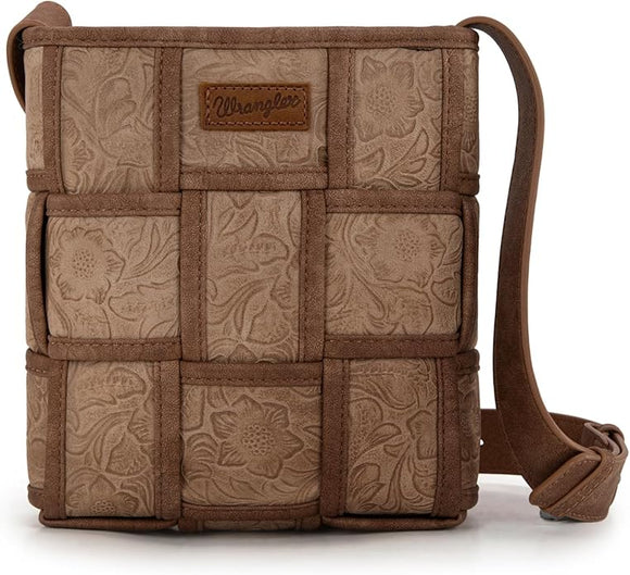 Wrangler Woven Crossbody Bag for Women Vintage Floral Tooled Cross Body Purse - Tan