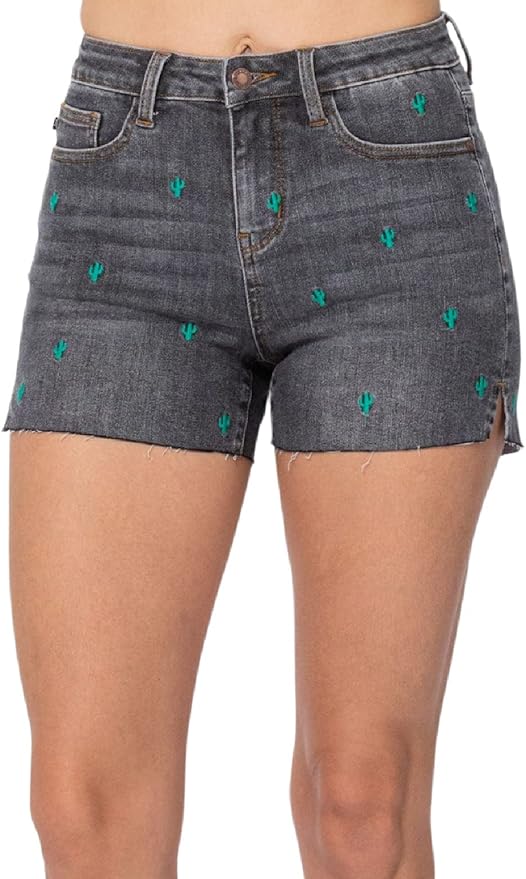 JUDY BLUE HIGH WAISTED CACTUS EMBROIDERY CUTOFF SHORTS - GREY