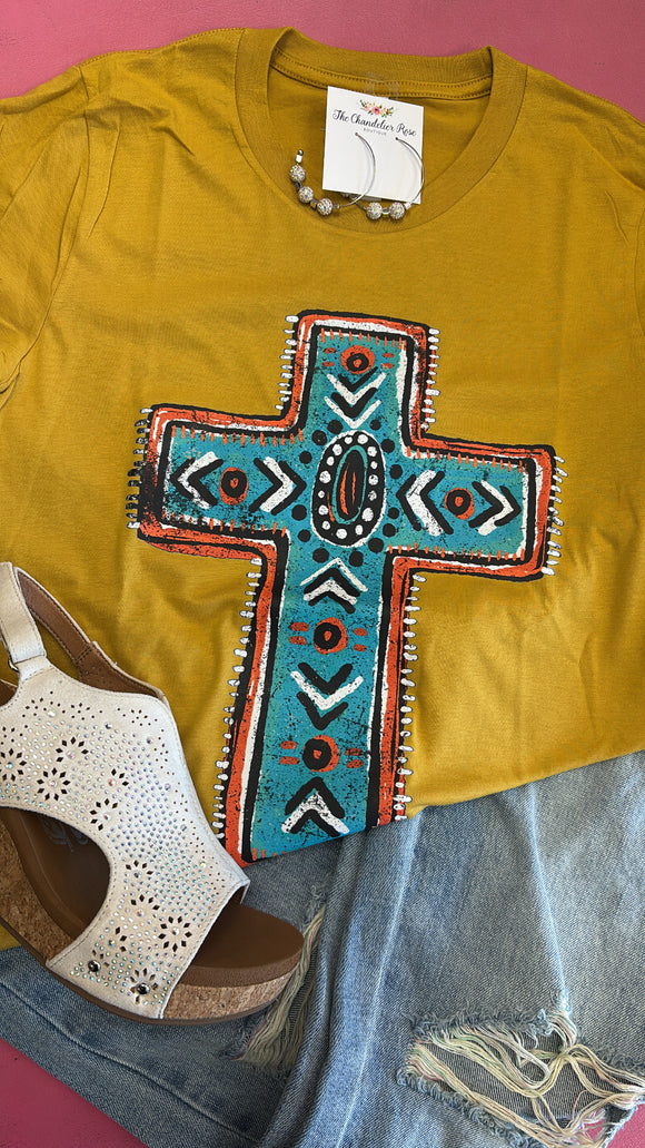 AZTEC TURQUOISE CROSS TEE - MUSTARD