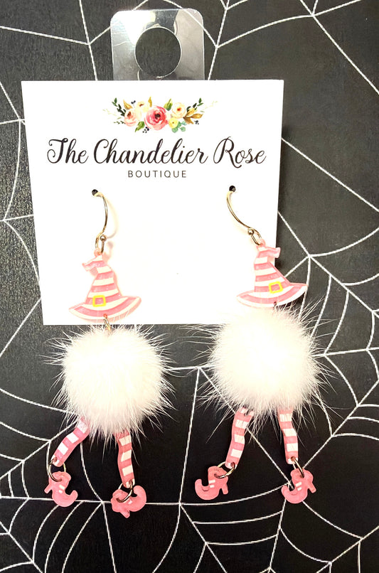 White Fluffy Witch Pink Stripe Earrings