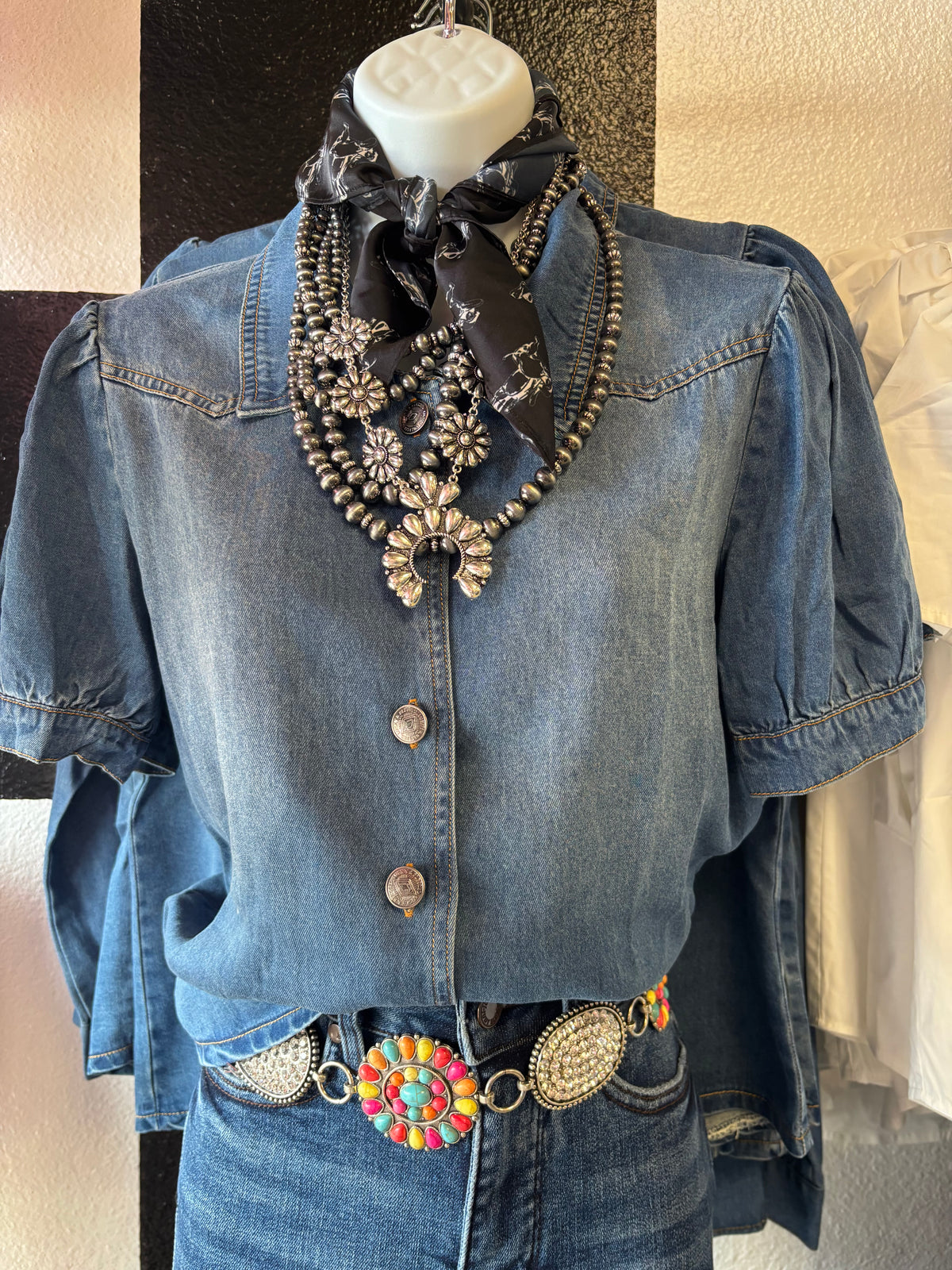 PUFF SLEEVES MID WASH DENIM BUTTON DOWN TOP