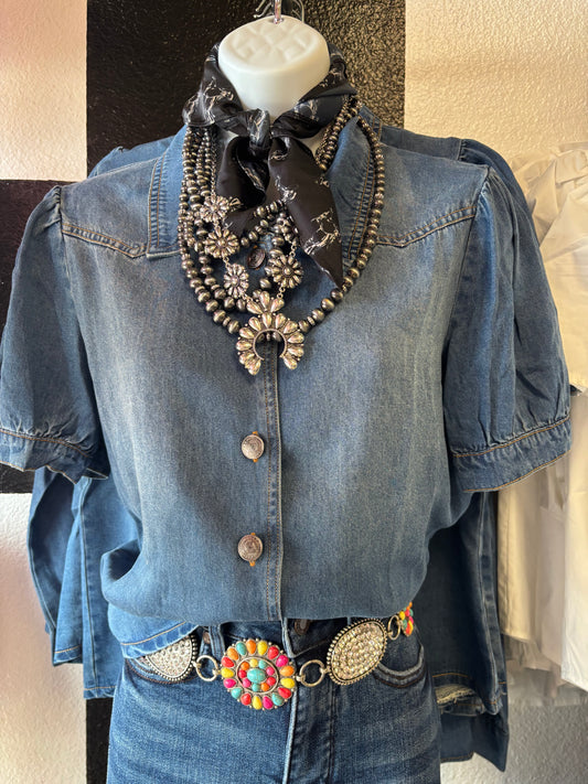 PUFF SLEEVES MID WASH DENIM BUTTON DOWN TOP