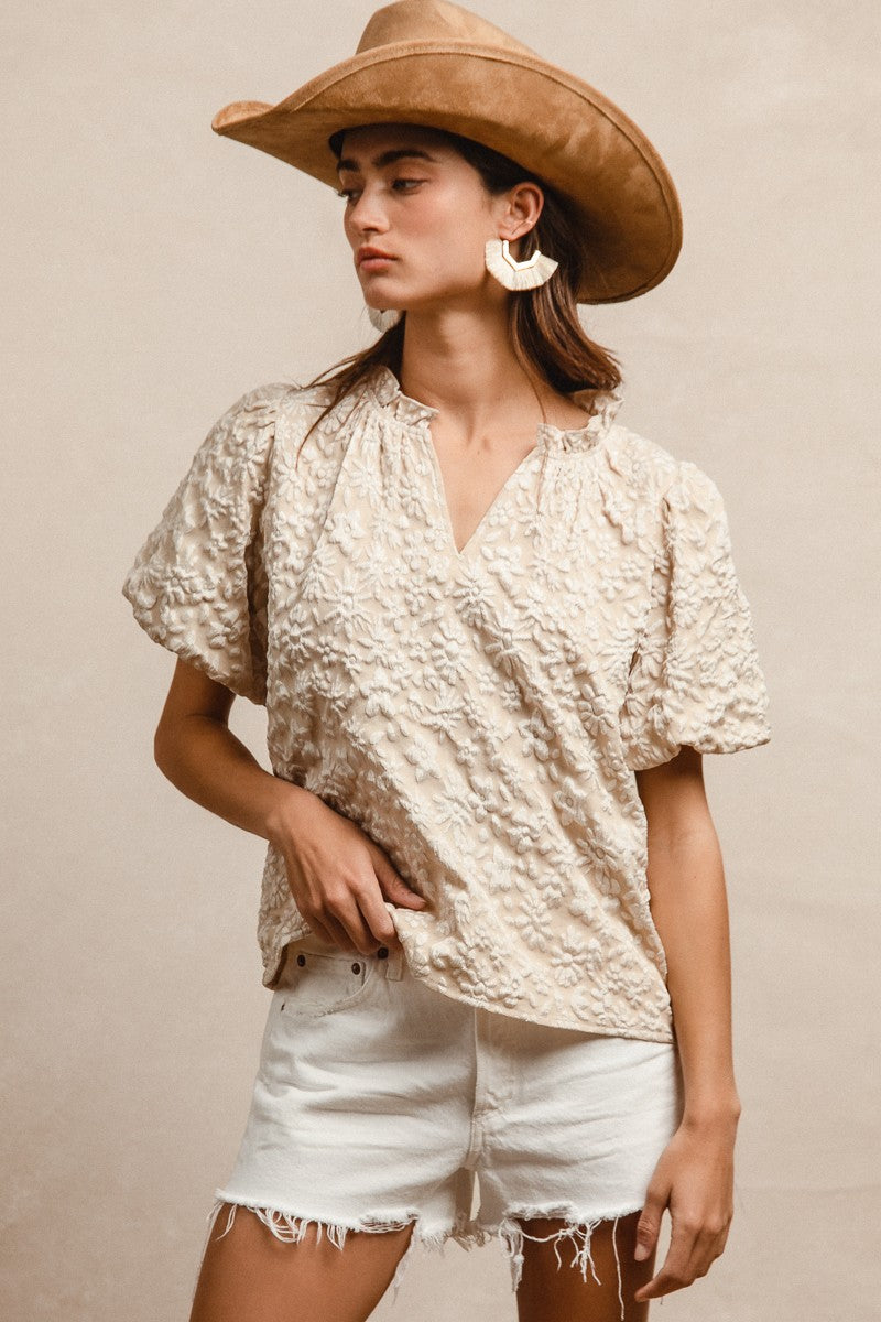 FLORAL PATTERN TEXTURED BALLON SLEEVES V NECK TOP - OATMEAL
