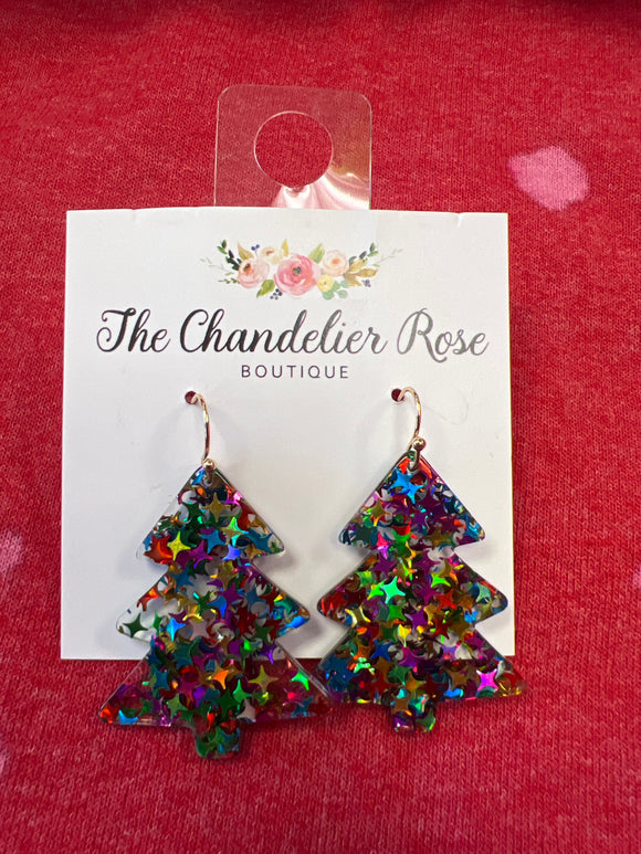 COLORFUL CONFETTI ACRYLIC CHRISTMAS TREE EARRINGS