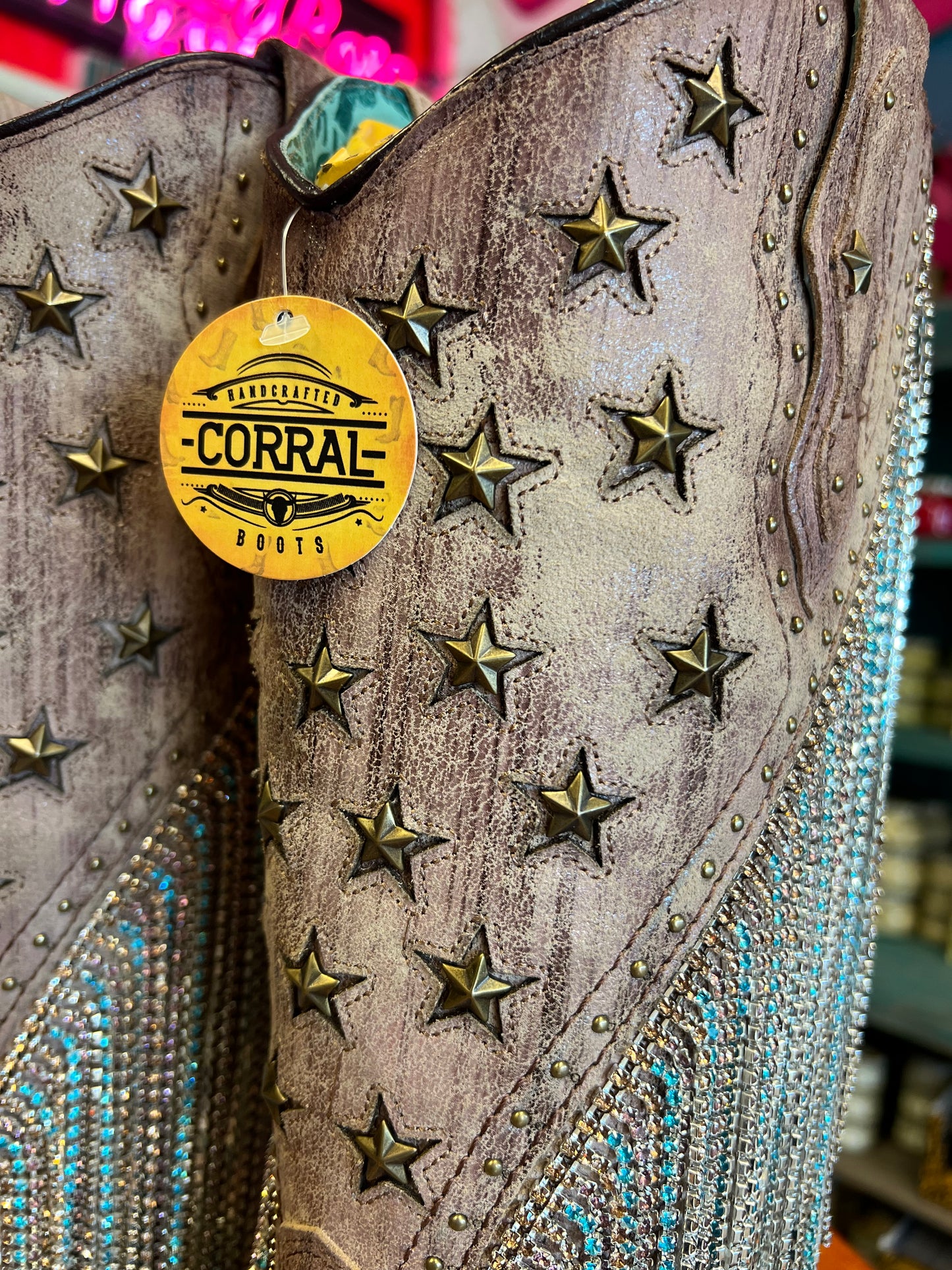 CORRAL WOMEN'S BROWN EMBROIDERY & STAR STUD FRINGE WESTERN BOOTS - A4625