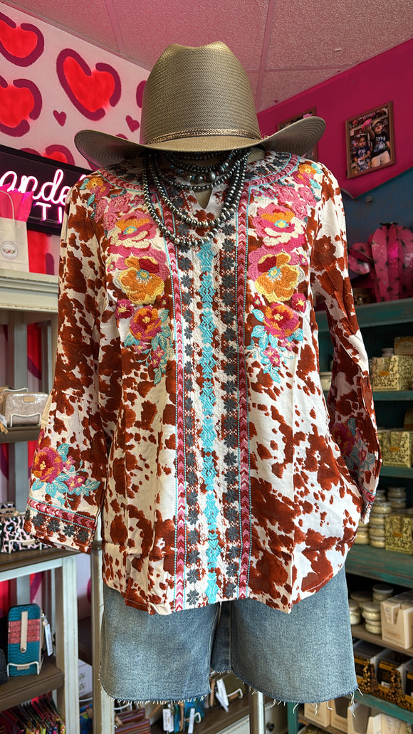 SPLIT NECKLINE COW PRINT EMBROIDERY TOP