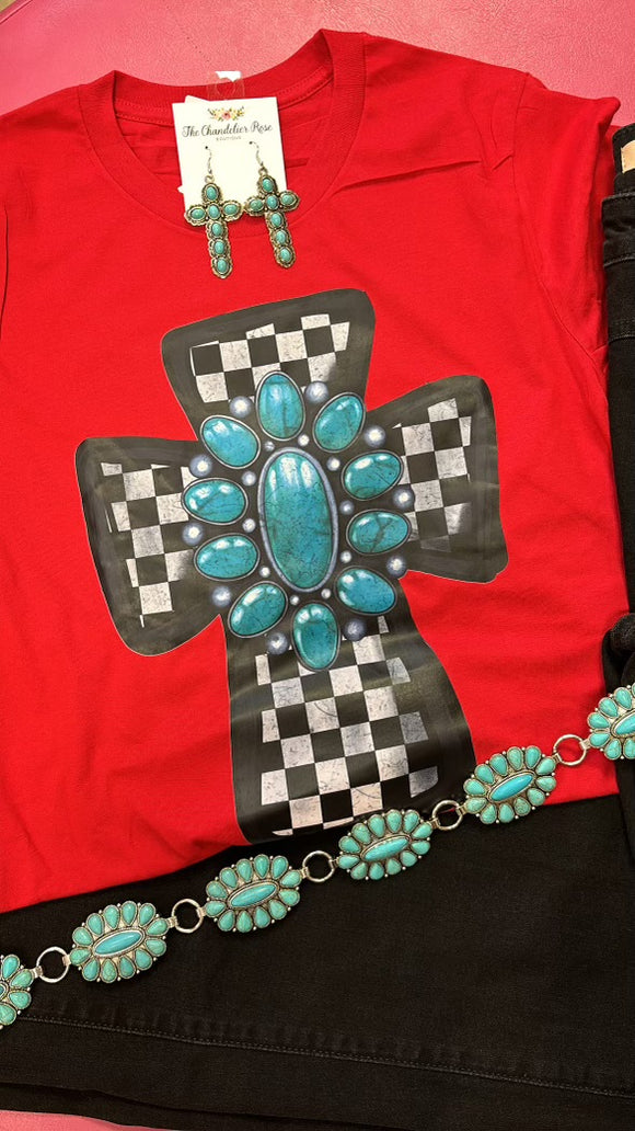 CHECKERED CROSS AND TURQUOISE STONE TEE - RED