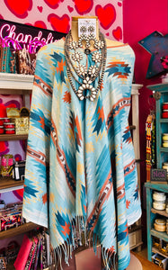 TWO BUTTON AZTEC PRINT FRINGE CROPPED COVER UP - TEAL MULTI PRINT