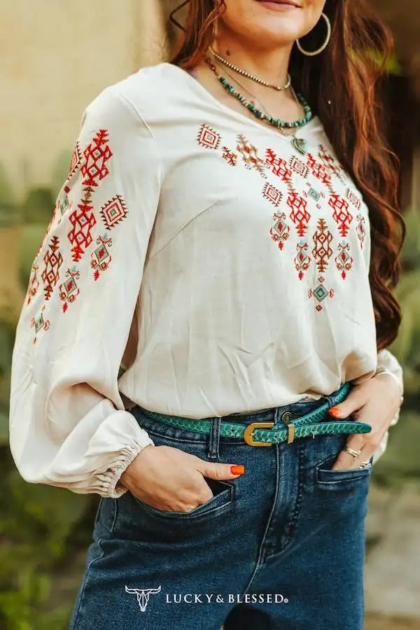 IVORY AZTEC EMBROIDERED LONG SLEEVE ELASTIC WAIST TOP