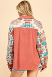 RUST CONTRAST AZTEC PATTERN SLEEVE CORDUROY SHACKET