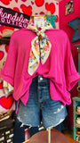 RAISED RIB CUFF SLEEVE RAW EDGE TOP - HOT PINK