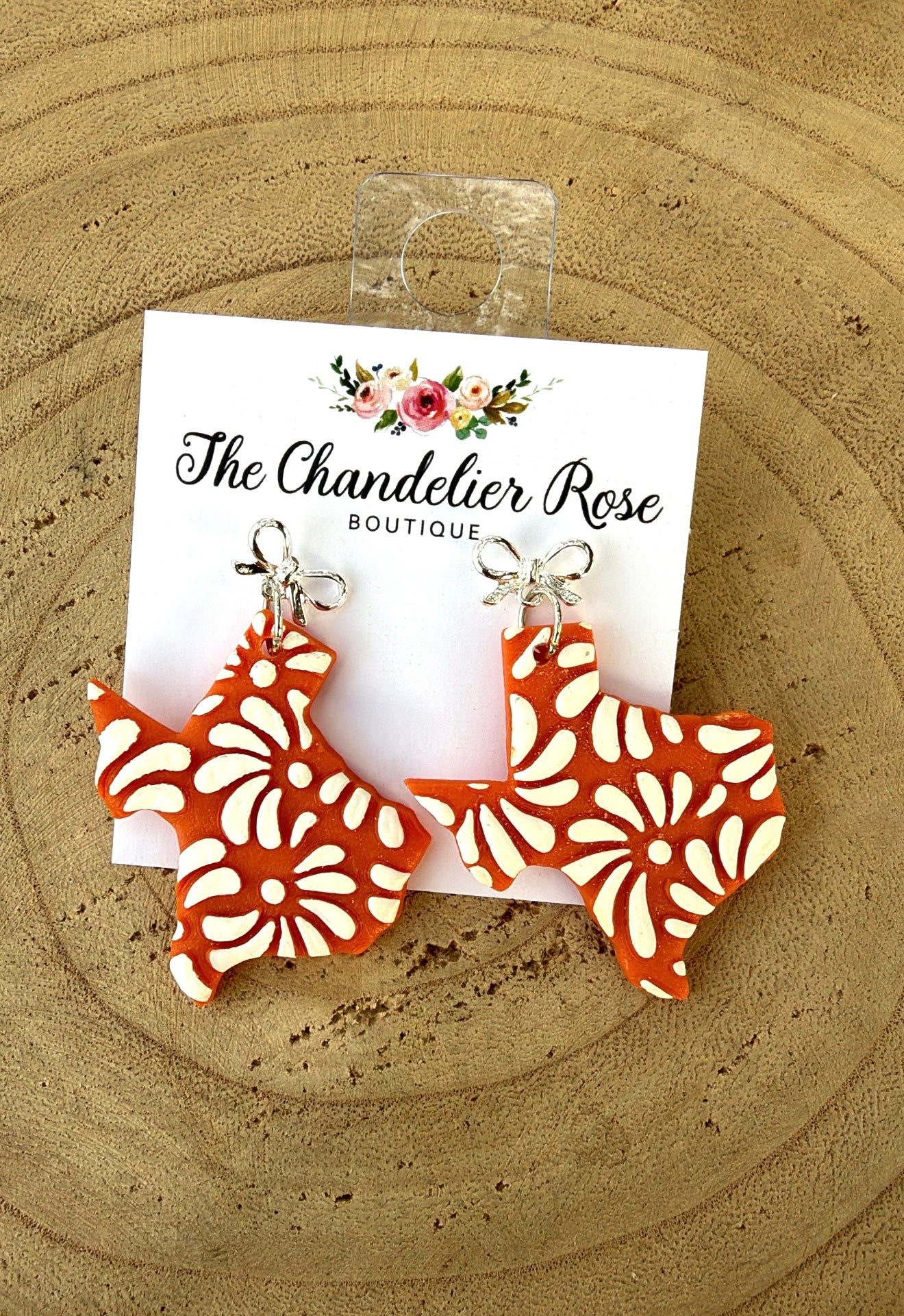 Burnt Orange Texas Floral Earrings with Silver Bow