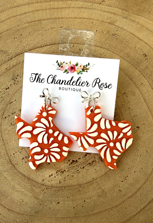 Burnt Orange Texas Floral Earrings with Silver Bow
