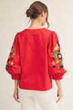 NOTCHED V NECK EMBROIDERED 3/4 SLEEVE TOP - RED