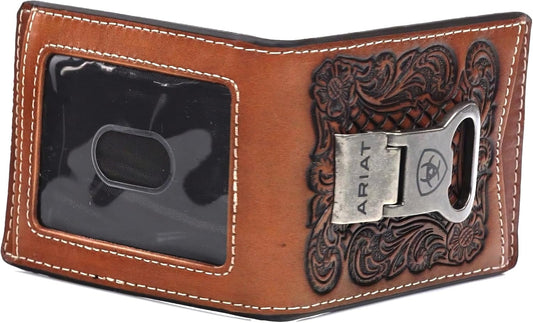 ARIAT BIFOLD MONEY CLIP BASKET WEAVE FLORAL EMBOSSED TAN