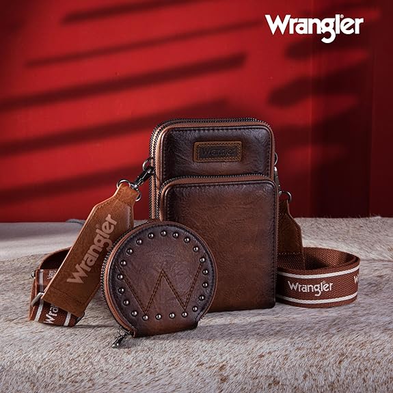 Wrangler Crossbody Cell Phone Purse 3 Zippered Compartment with Coin Pouch - Dark Brown