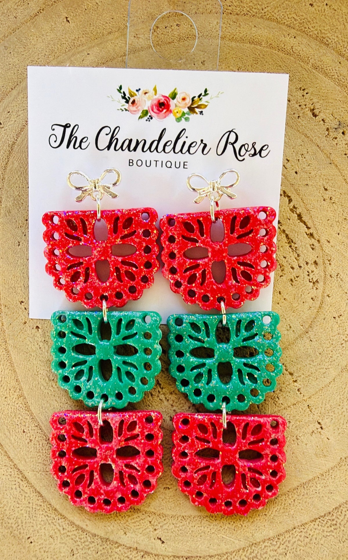 Red and Green 3 Tier Papel Picado Silver Bow Earrings