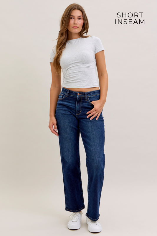 JUDY BLUE SHORT MID RISE STRAIGHT JEAN - DARK STONE