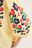 V NECK EMBROIDERED NOTCH WOVEN TOP - BANANA YELLOW