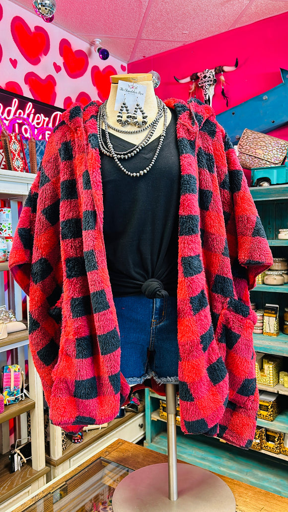PLAID PRINT SHERPA OPEN CARDIGAN WITH HOODIE
