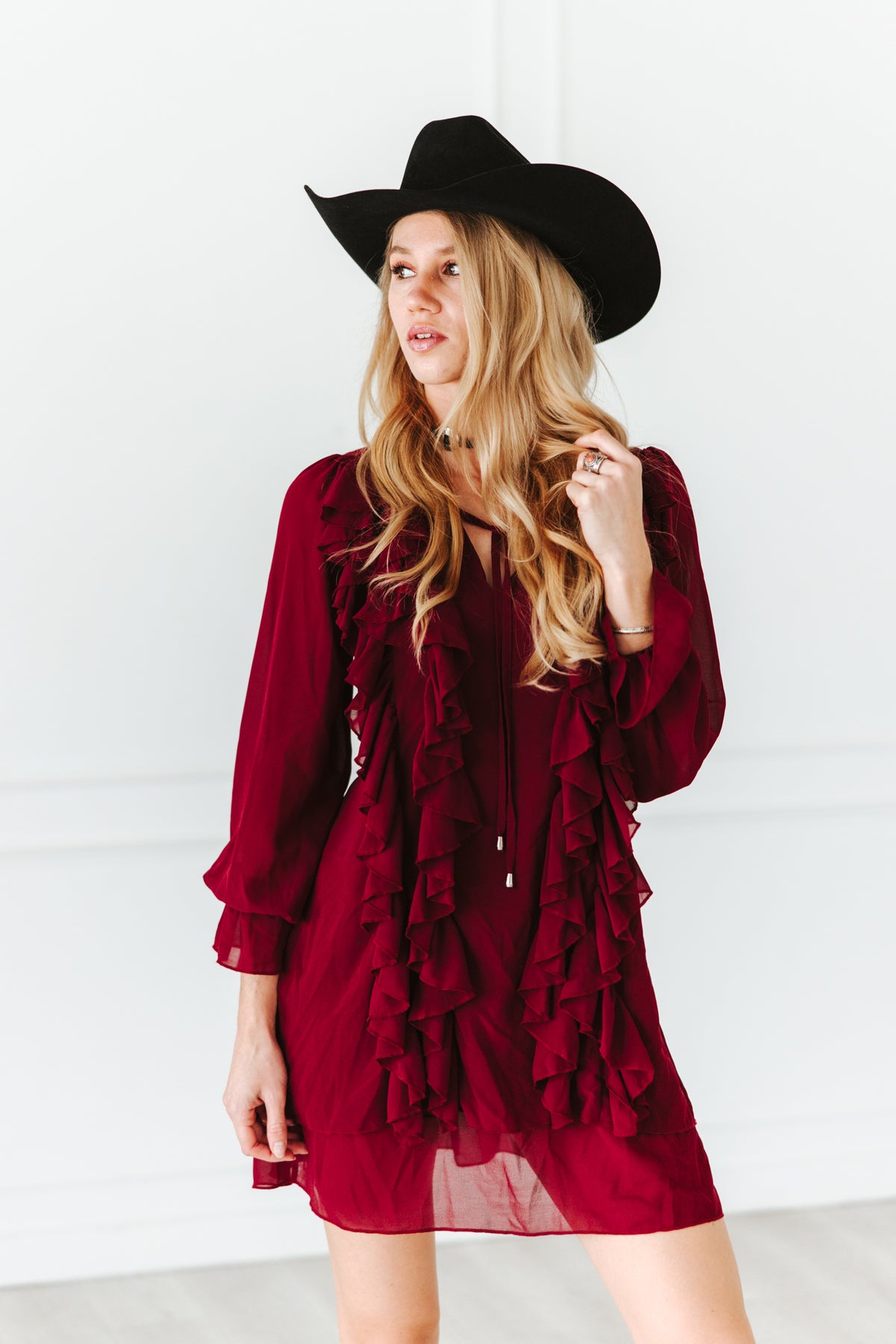 CHERRY RED FLOWY LAYERED RUFFLE CHIFFON LINED DRESS