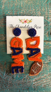 GAME DAY BLUE AND ORANGE FOOTBALL BEADED EARRINGS