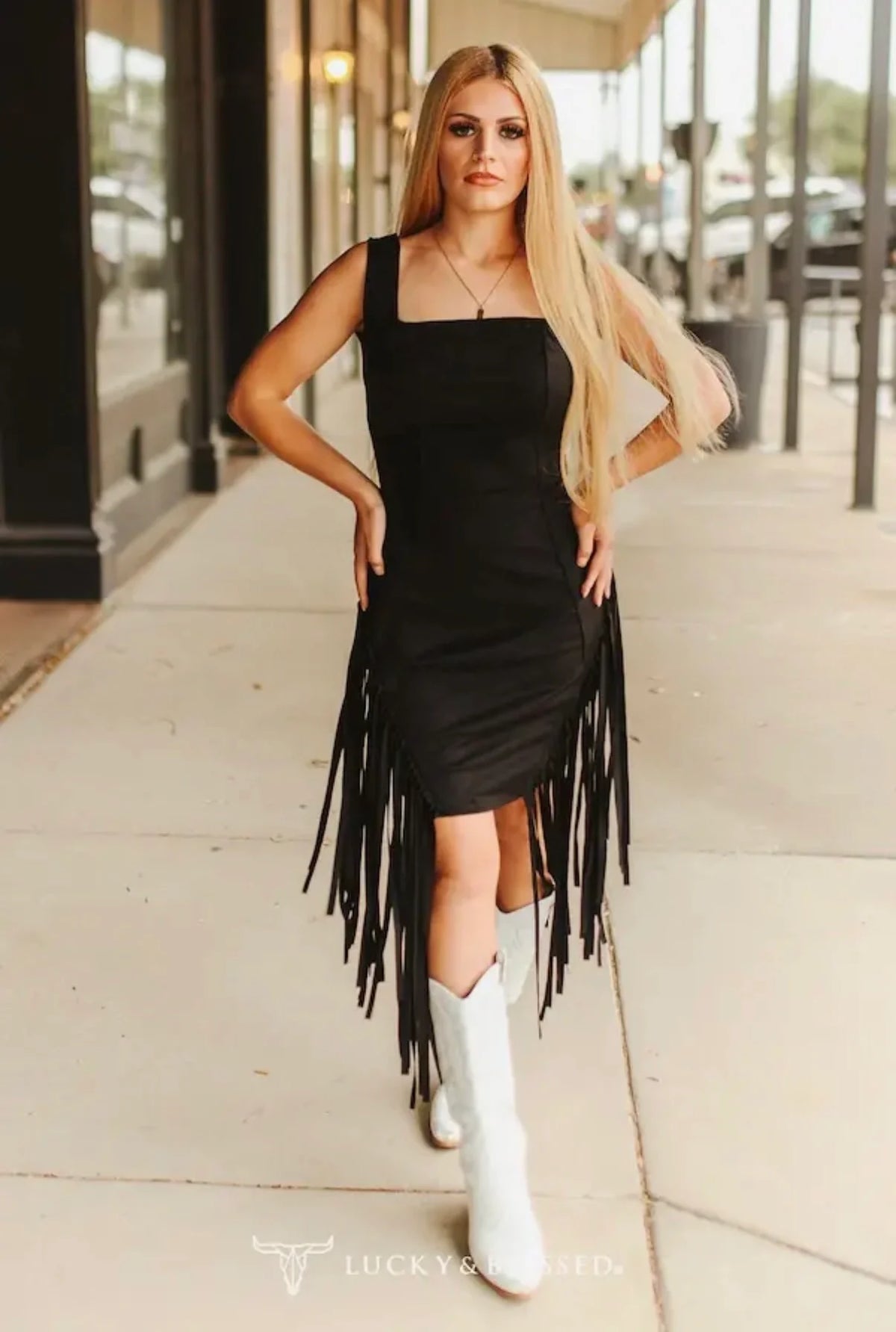 BLACK STRETCH SUEDE FRINGE SIDES TANK DRESS