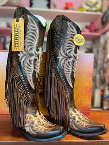 CORRAL WOMEN'S BROWN EAGLE EMBROIDERY & STUDS & FRINGES TALL TOP WESTERN BOOT - C4165