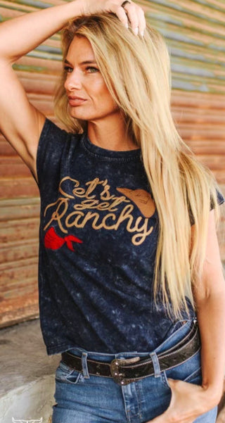 NAVY MINERAL WASH LET'S GET RANCHY EMBROIDERED SHORT SLEEVE TOP