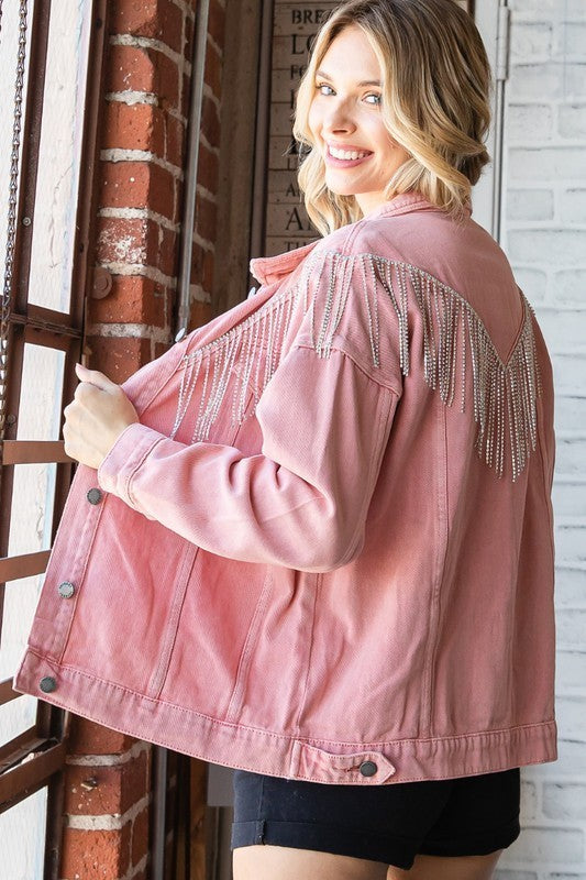 PINK RHINESTONE FRINGE OVERSIZE DENIM JACKET