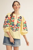 V NECK EMBROIDERED NOTCH WOVEN TOP - BANANA YELLOW