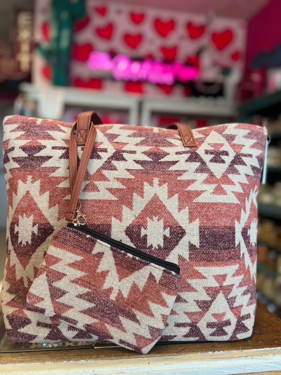 AZTEC PRINT TOTE BAG WITH WRISTLET SET - SUNSET