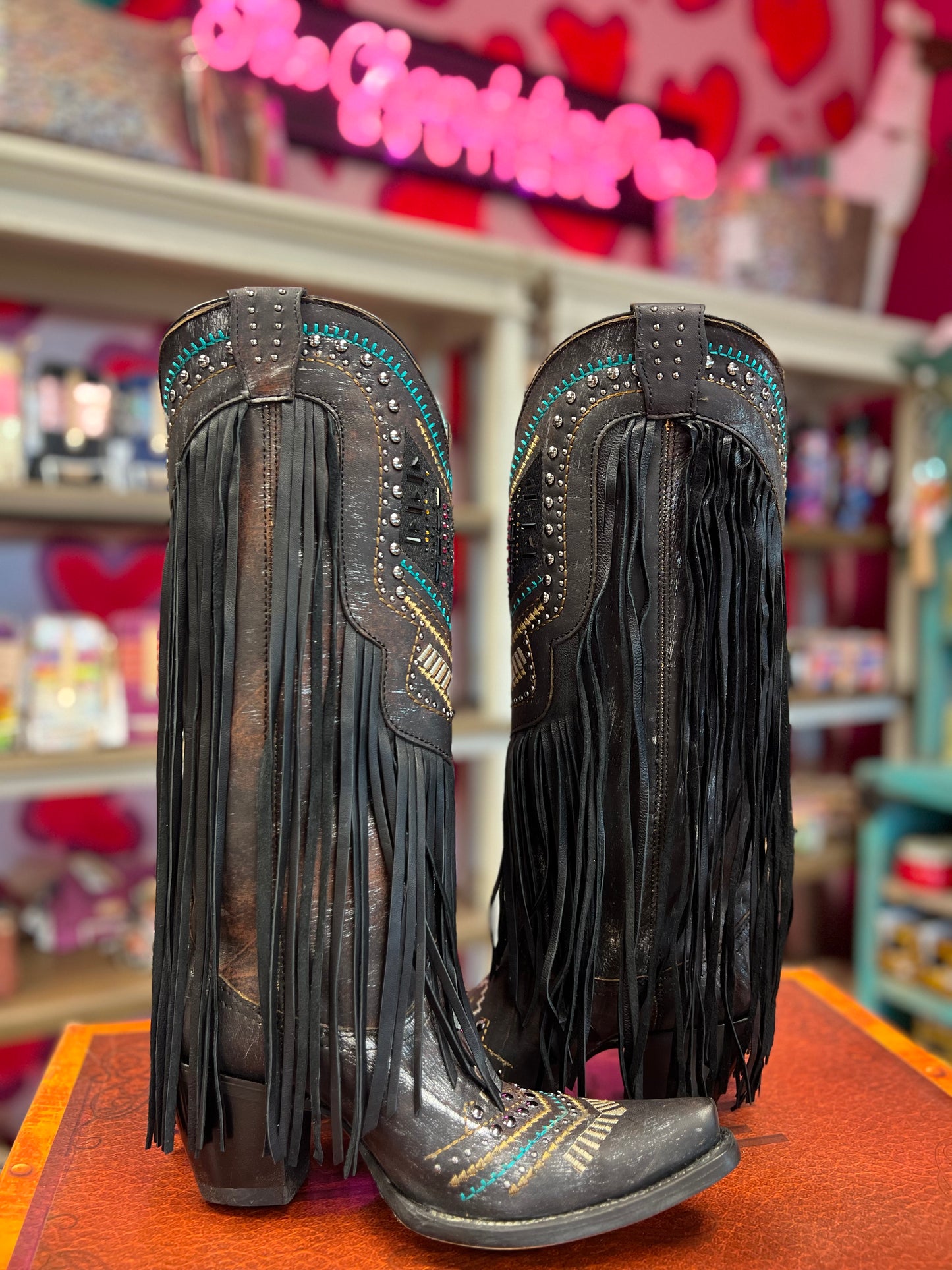 CORRAL WOMEN'S BLACK EMBROIDERY, CRYSTALS AND LAMB FRINGE WESTERN BOOTS - C4078