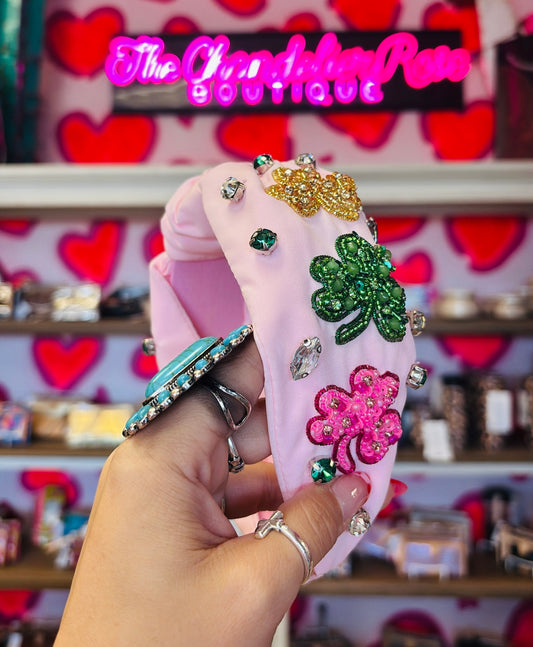 SAINT PATRICKS SHAMROCK TOP KNOTTED HEADBAND - PINK