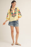 V NECK EMBROIDERED NOTCH WOVEN TOP - BANANA YELLOW